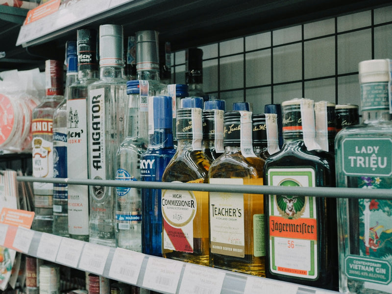 Spirits on shelves in an independent liquor store