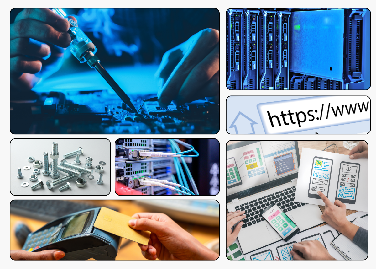 Collage of technology, networking and online business visuals