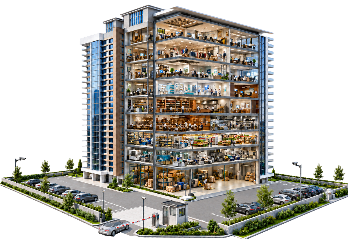 Cutaway view of a multi-storey building served by Helios technology