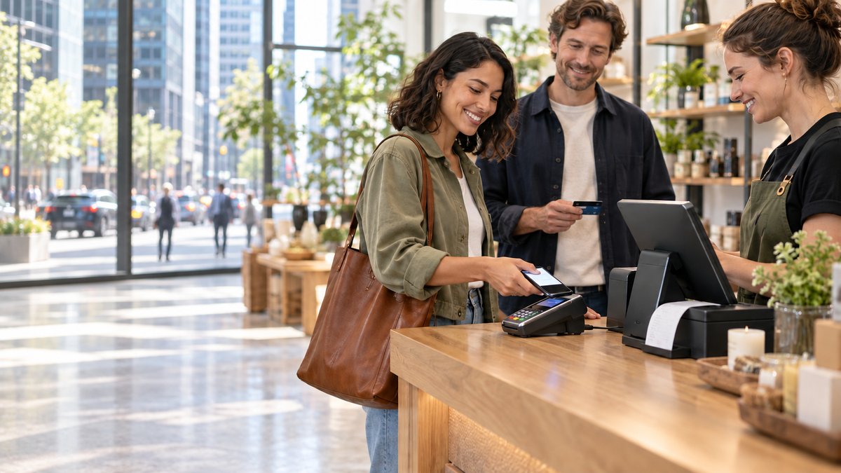 Multi-location retail store with shoppers at checkout