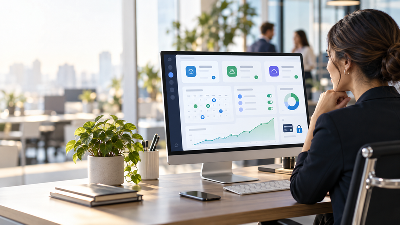 Subscription business owner reviewing dashboards at her desk